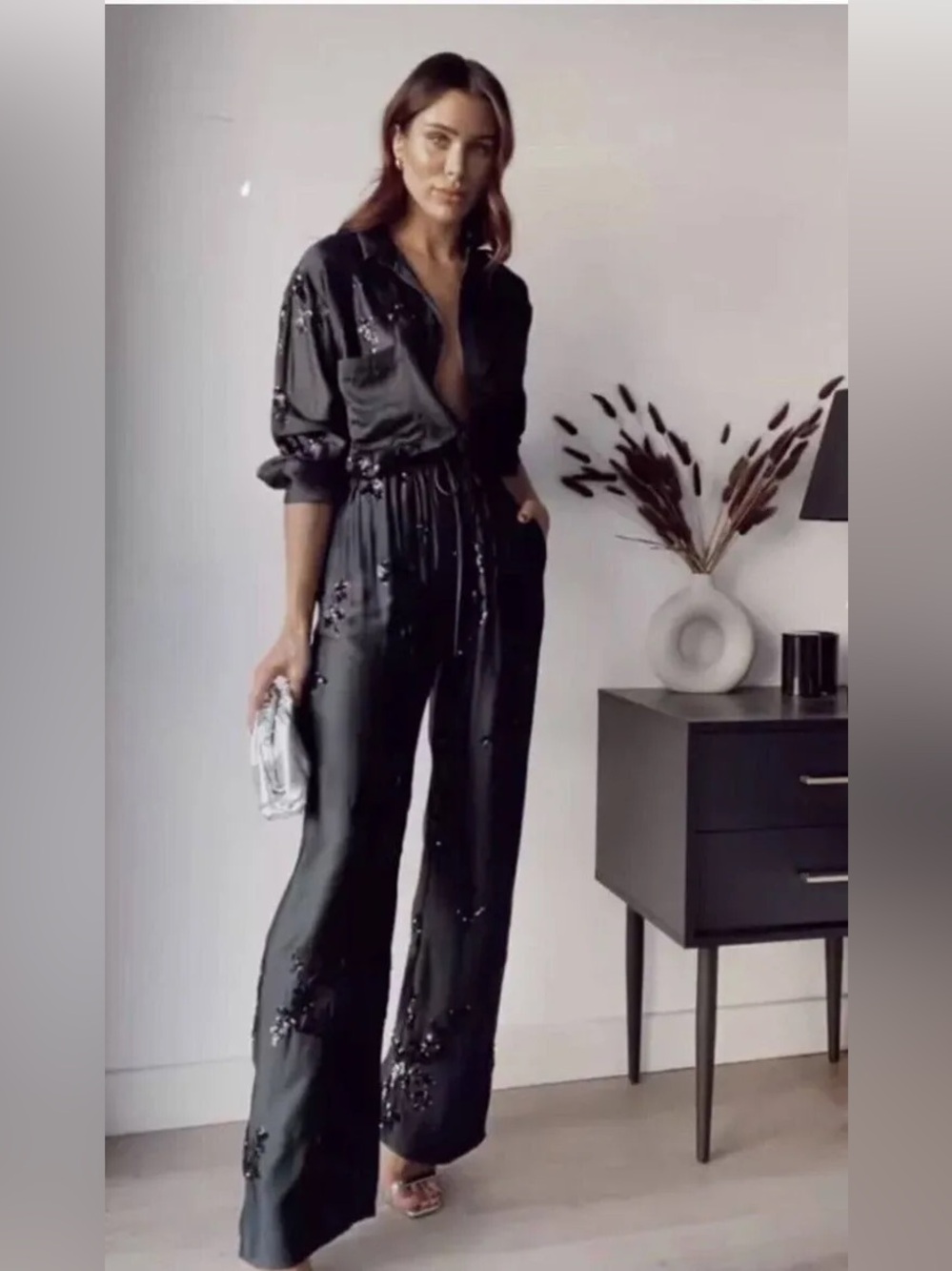 Zara Black Wide-Leg Sequin Floral Pants